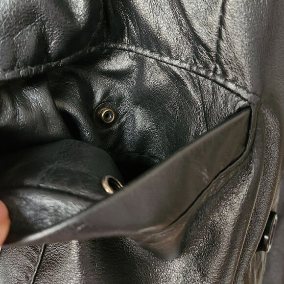 Vtg Late 90s Early 00s Women's Genuine Leather Long Black Button-Up Jacket Rock - Picture 10 of 16
